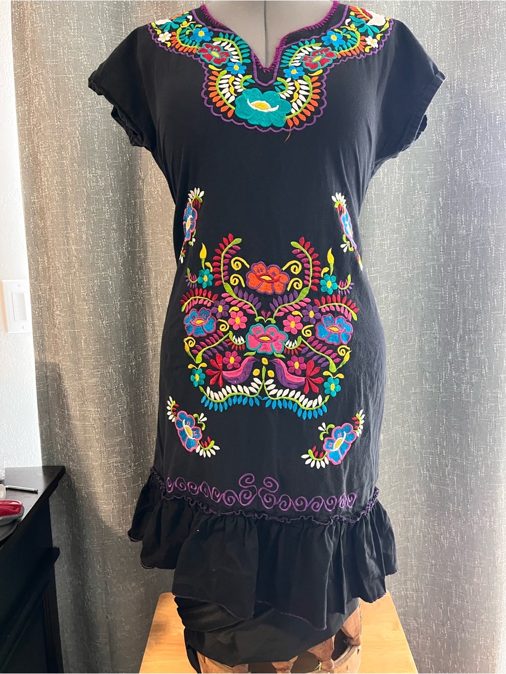 Black Embroidered Mexican-Style Dress with Multicolor Floral Accents
